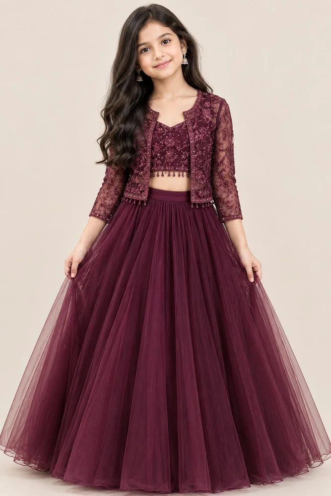 Wineberry Royale Net Lehenga alternate view